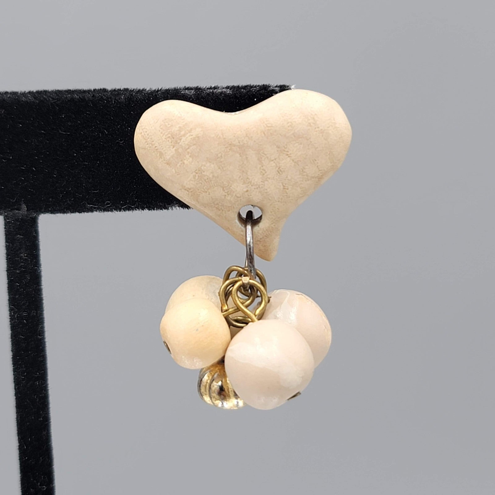 Vintage Heart Bead Pierced Earrings White Stone Dangle 1.5 in