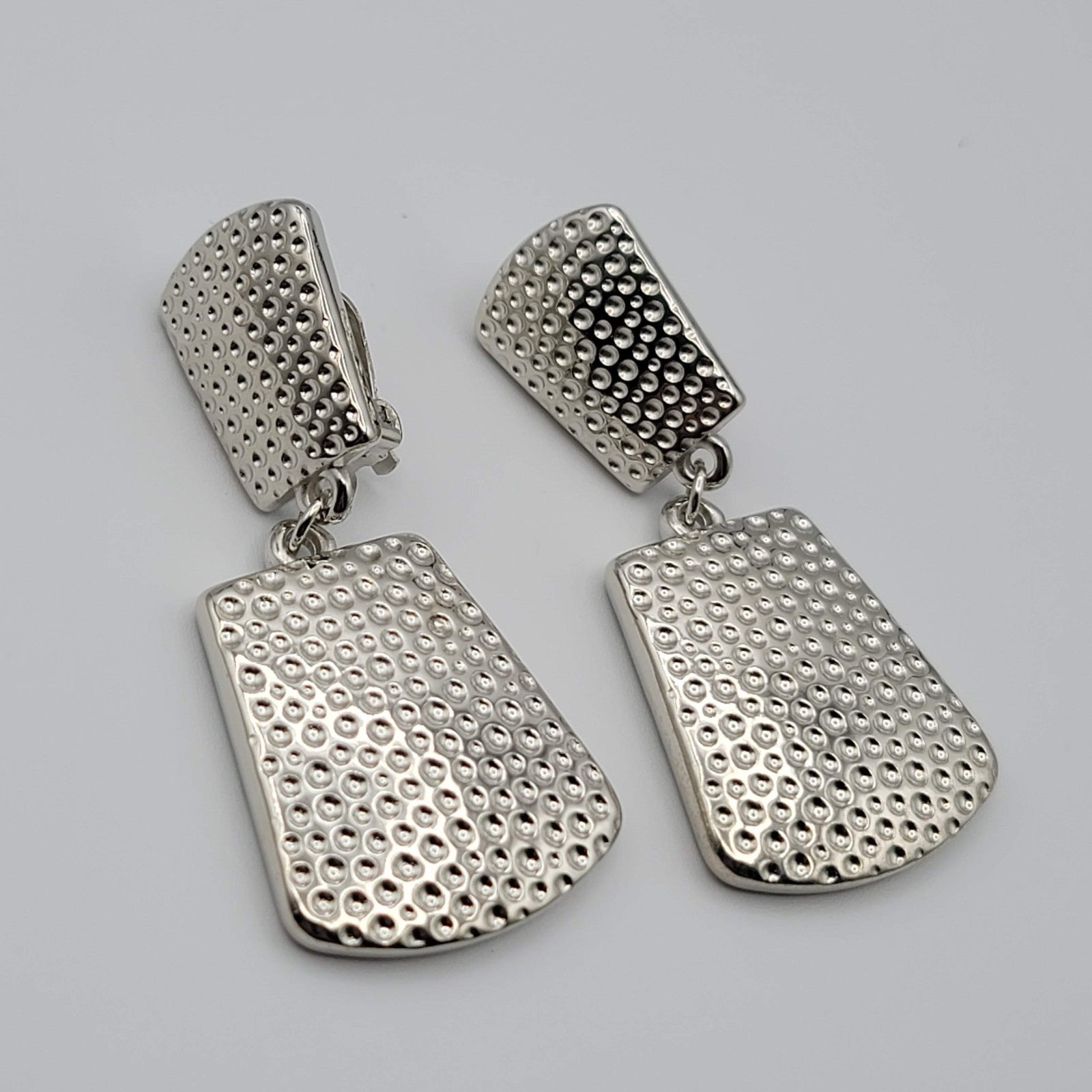 Vtg Hammered Silver Plated Clip on Earrings Statement Door Knocker Dangle 2.5 in