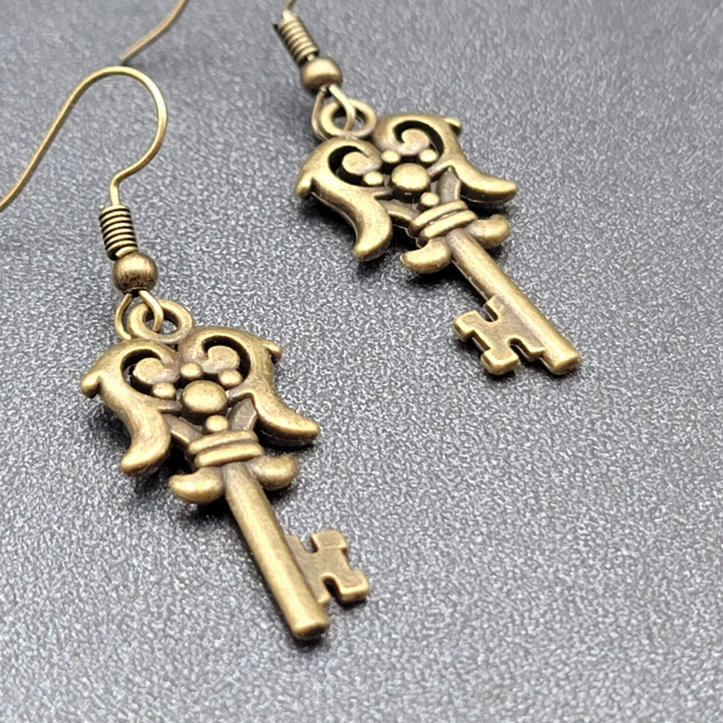 Fancy Skeleton Key Pierced Earrings Bronze tone Dangle NEW  1 1/8"