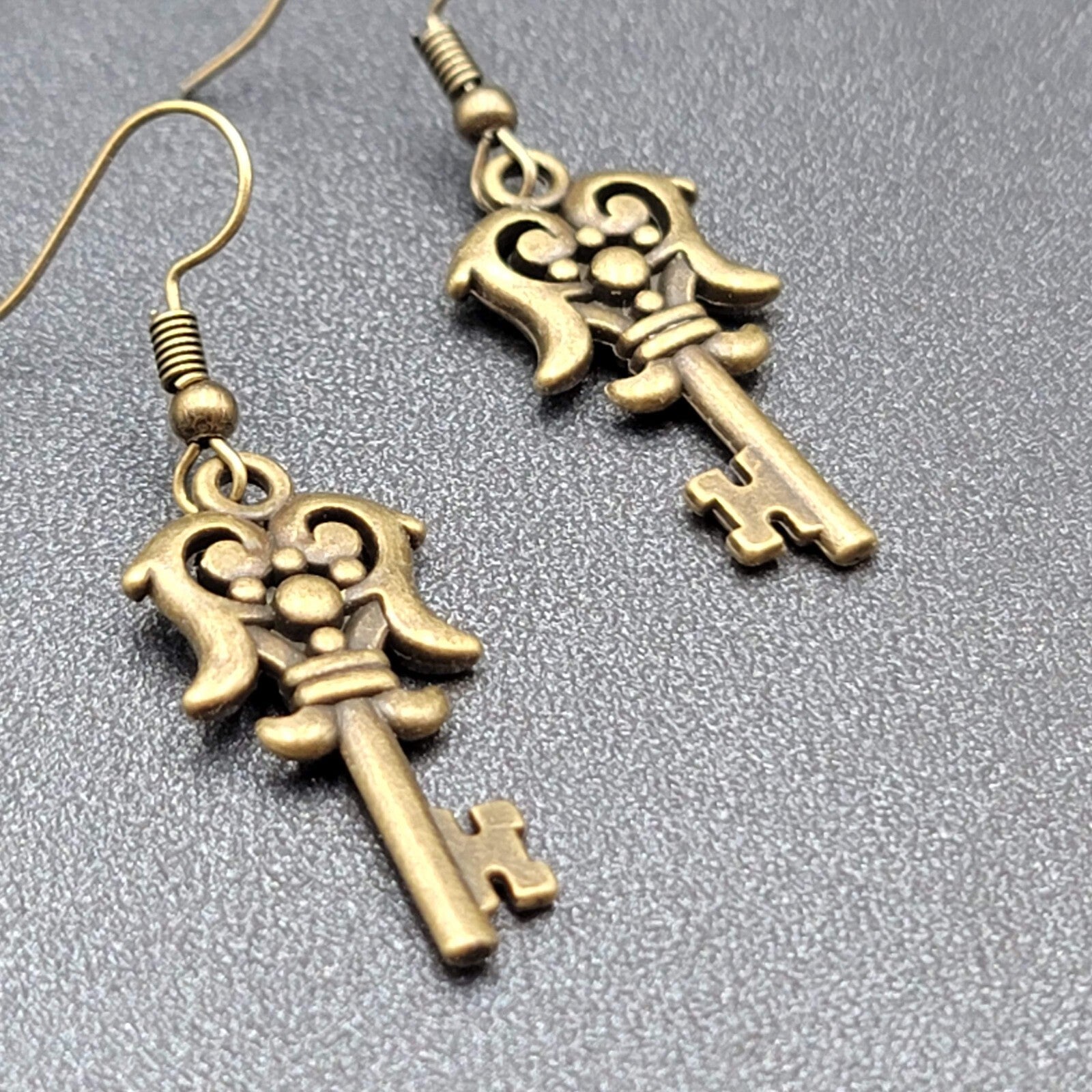 Fancy Skeleton Key Pierced Earrings Bronze tone Dangle NEW  1 1/8"
