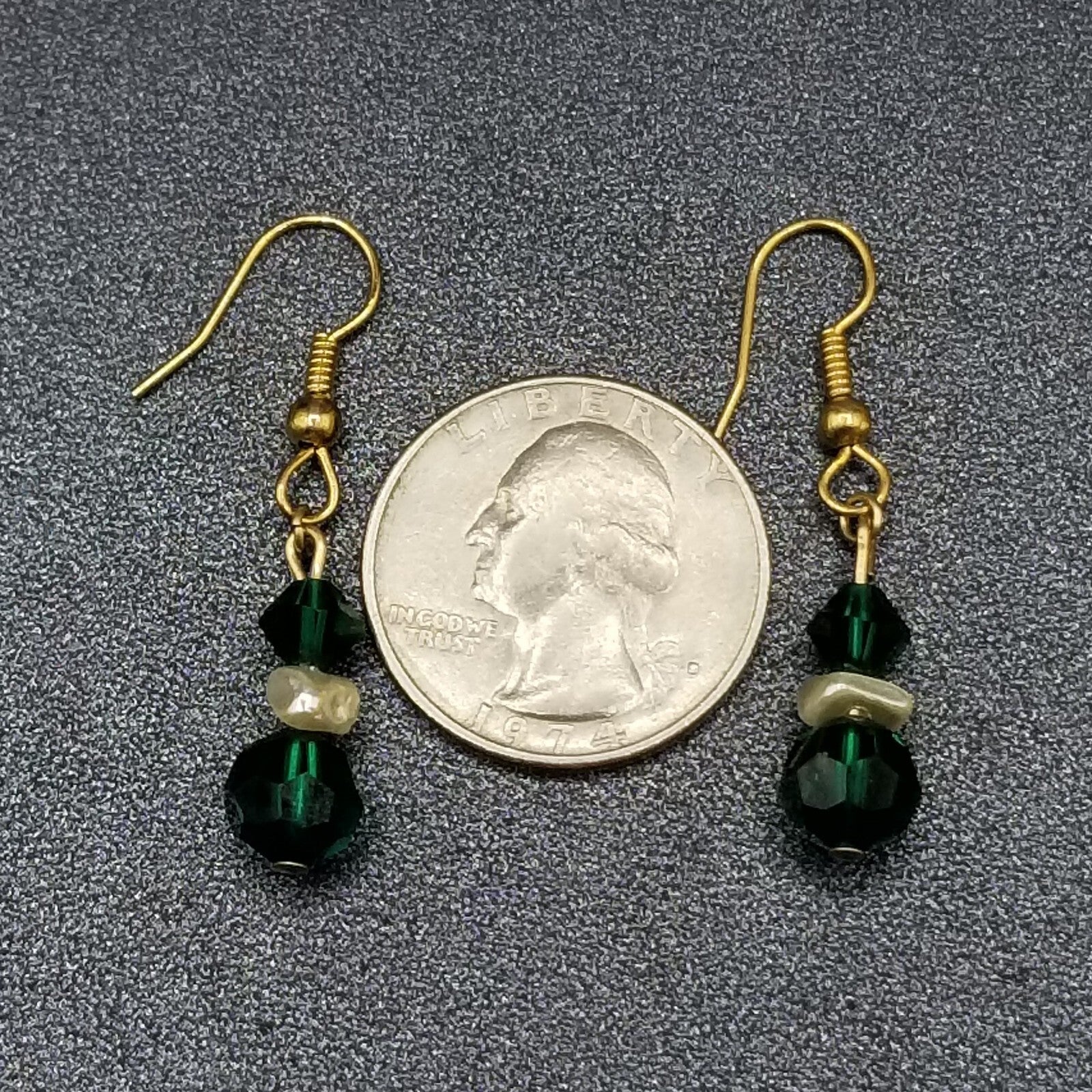 Pierced Earrings Gold tone Green Faceted Crystal Beaded Dangle  3/4"