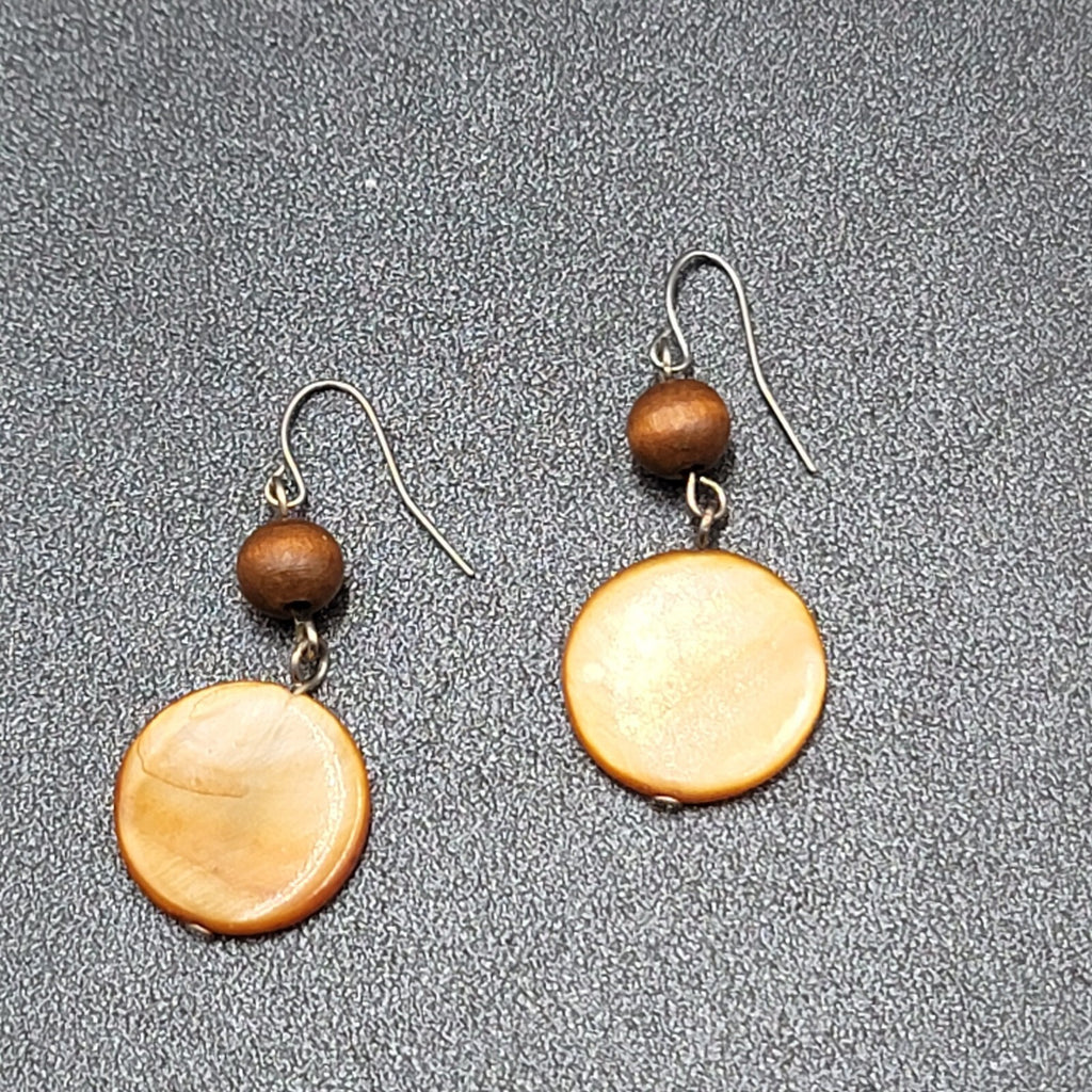 Pierced Earrings Silver tone Wood Bead Brown Round Shell Dangle 1.5"