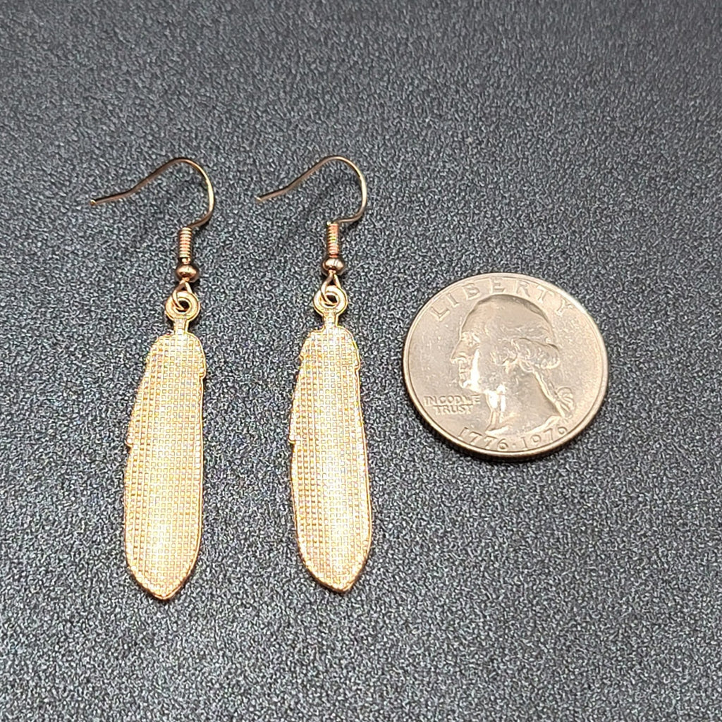 Metal Feather Pierced Earrings Red Black White Gold tone Dangle 1.5"