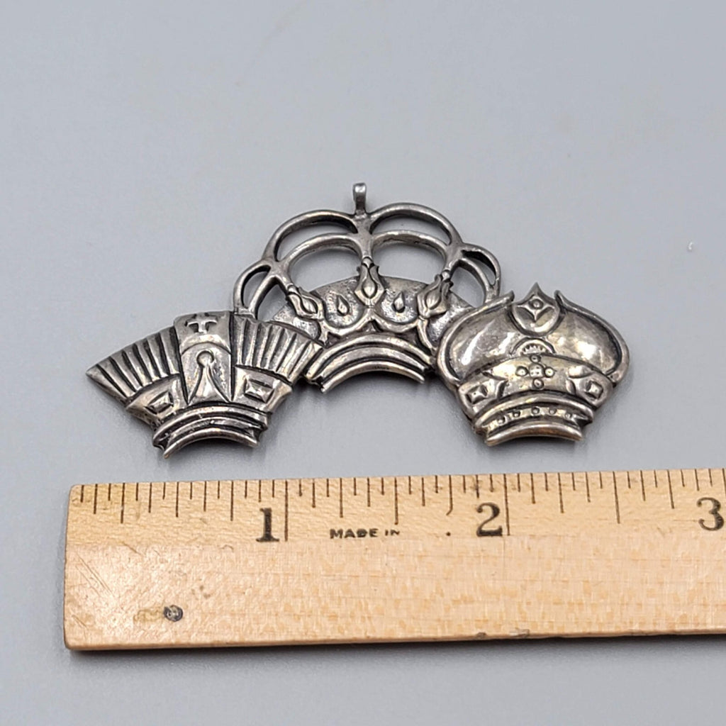 Vintage H&H Hand and Hammer Sterling Silver 925 Three Crowns Brooch 2.5"