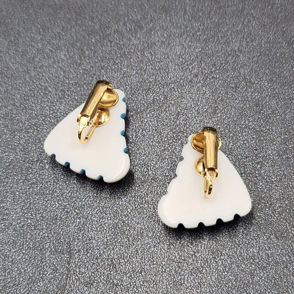 Vintage Clip on Earrings White Blue Stripes Acrylic Triangle 7/8"