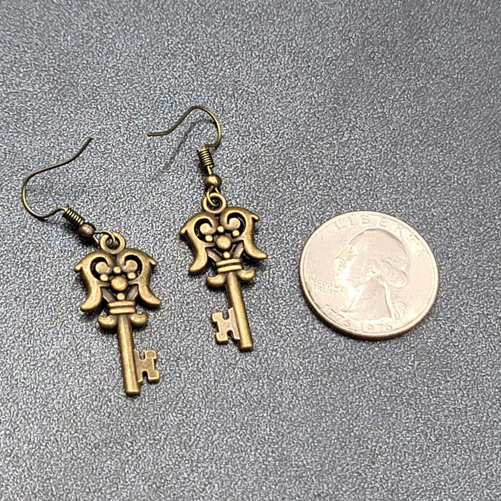 Fancy Skeleton Key Pierced Earrings Bronze tone Dangle NEW  1 1/8"