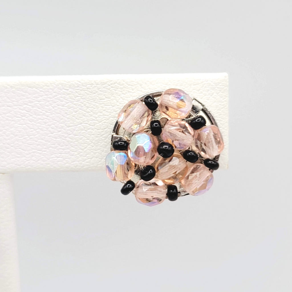 Vintage Pink Bead Stud Clip on Earrings Silver tone Round 5/8 in