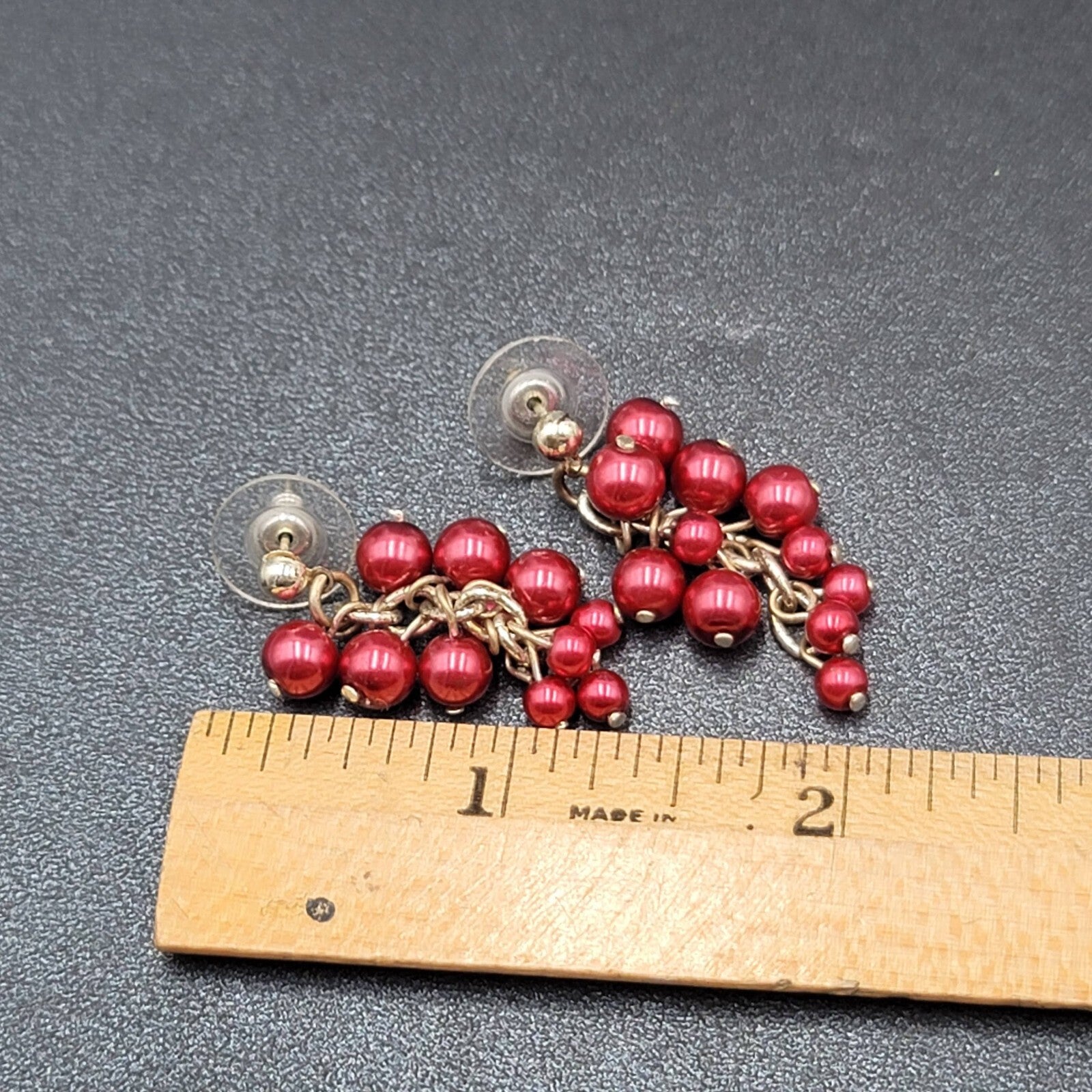Pierced Earrings Silver tone Cluster Shiny Red Beads Dangle  1 3/8"