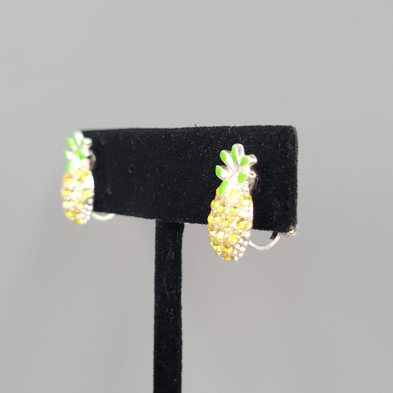 Pineapple Stud Clip on Earrings Yellow Rhinestone Green Enamel 5/8"
