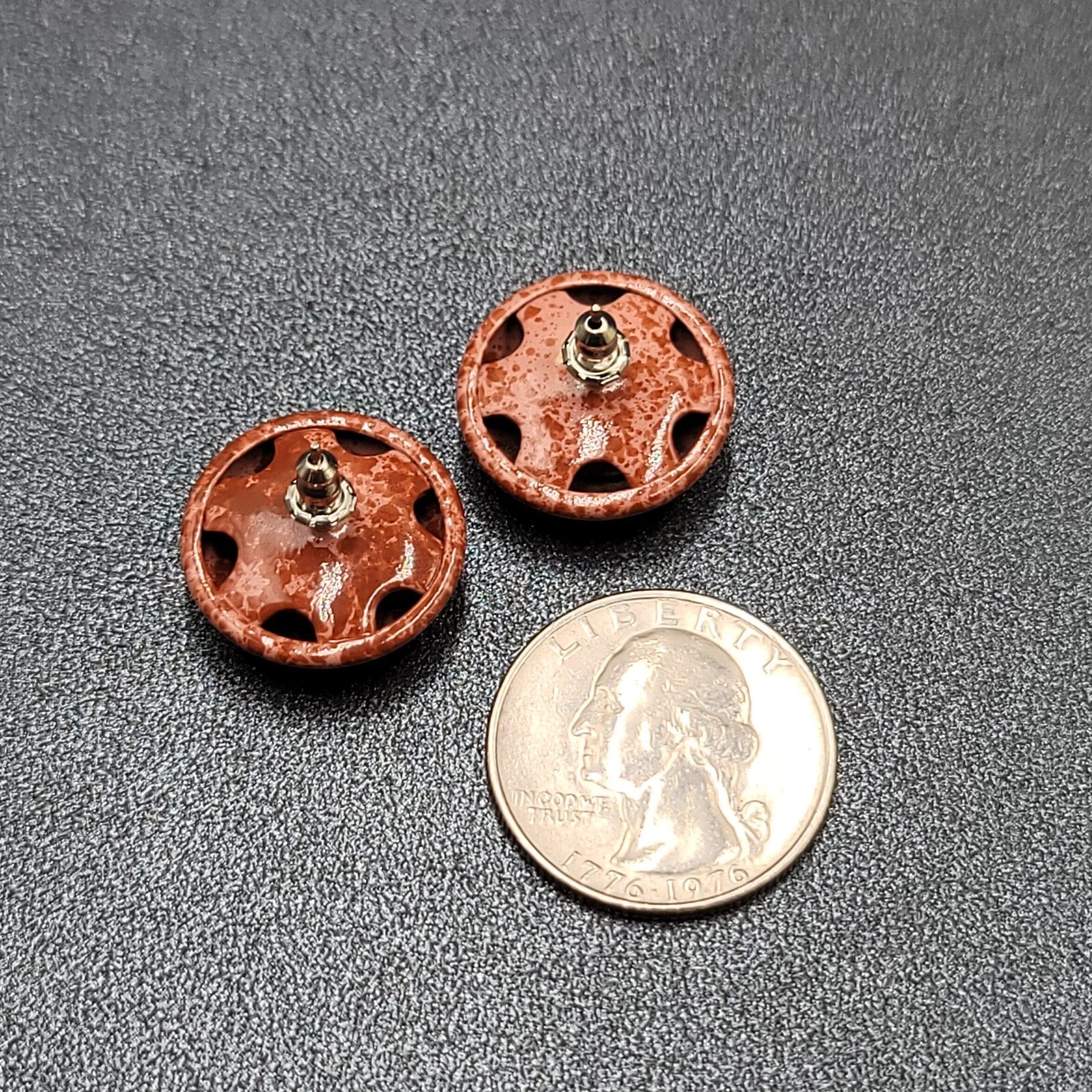 Vintage Pierced Earrings Bron Enamel Speckled Dome Studs 3/4"
