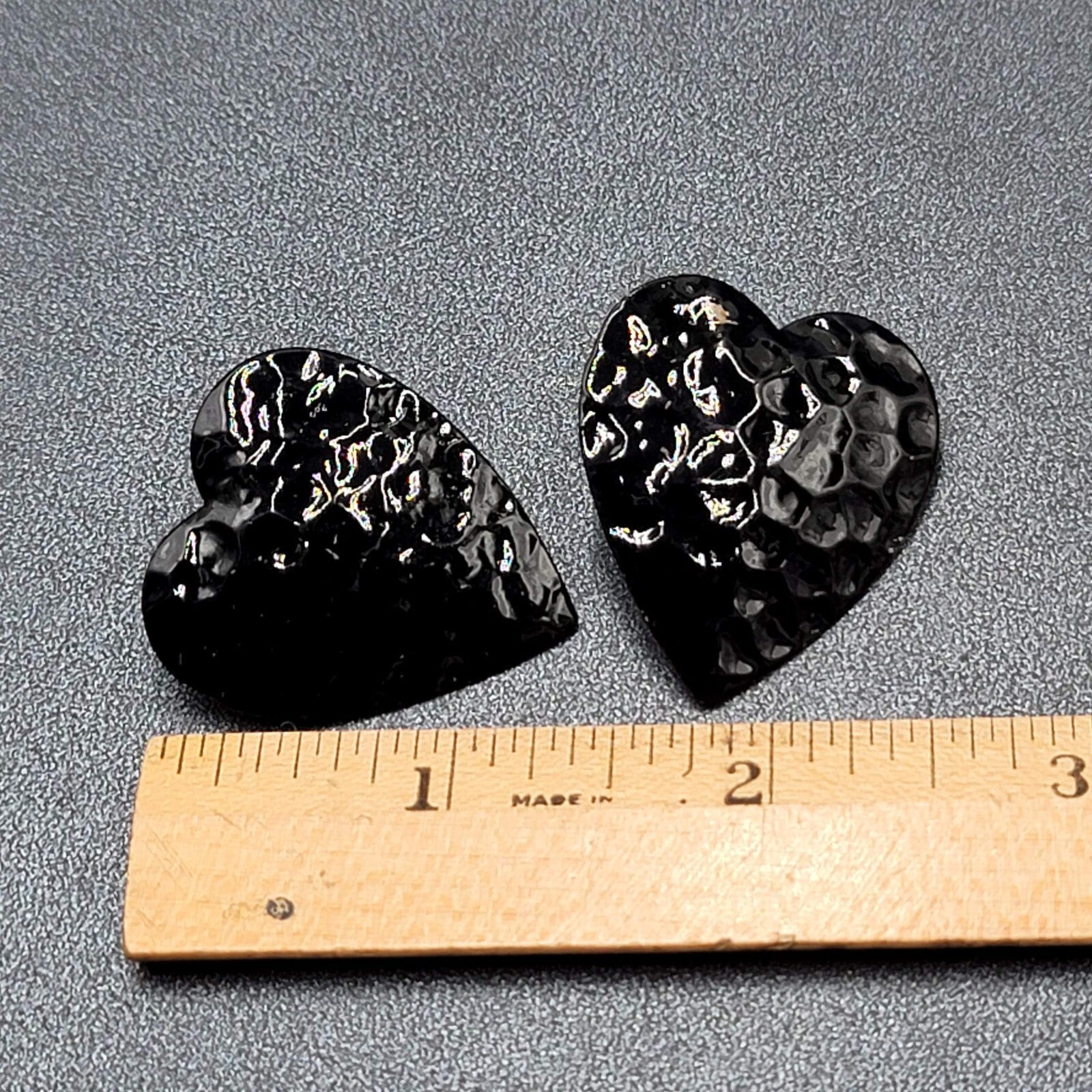 Vintage Heart Pierced Earrings Black Enamel Hammered Metal 1 3/8"