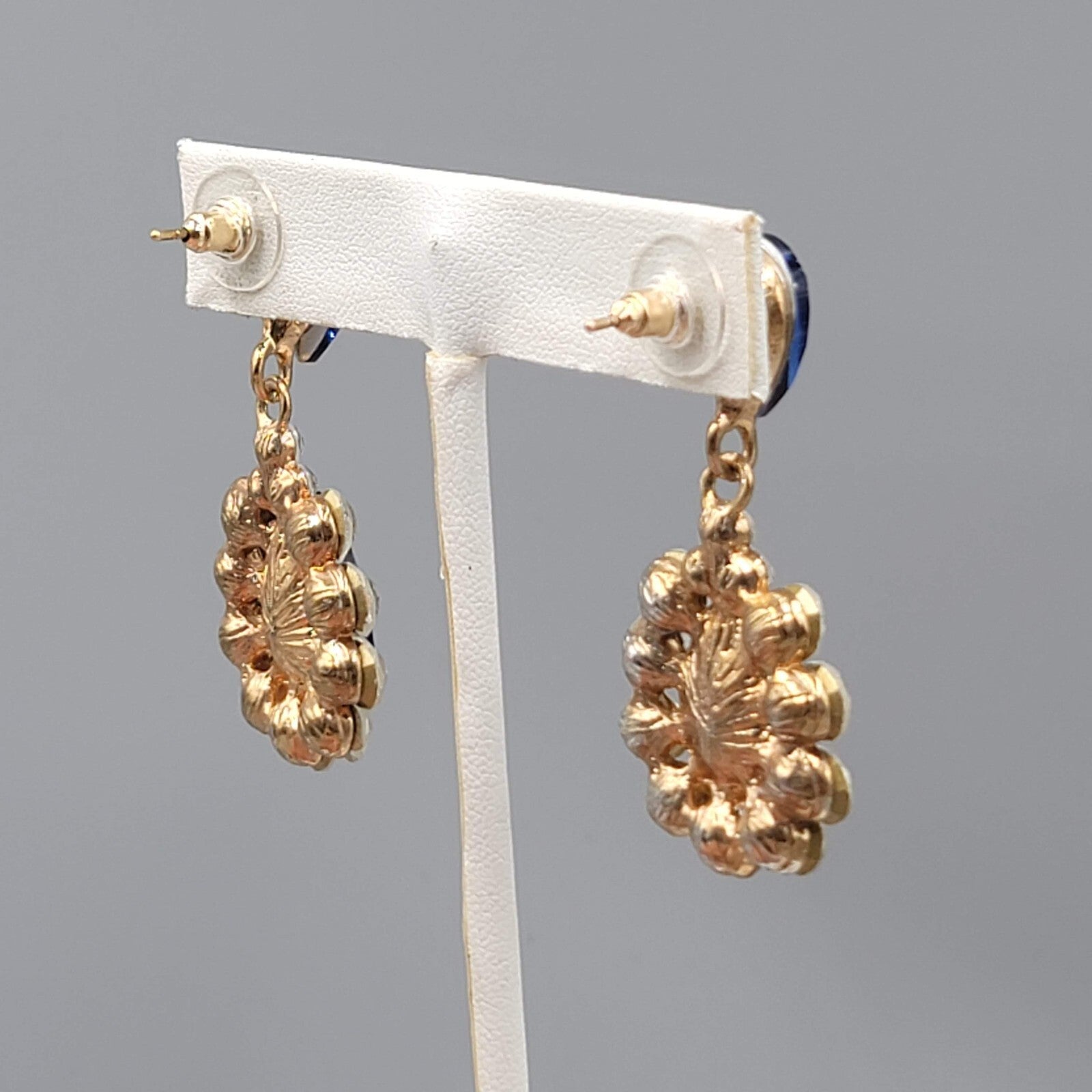 Blue Teardrop Glass Pierced Earrings Gold tone Dangle 2"