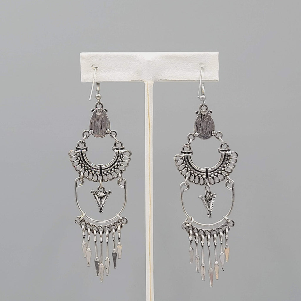 Boho Chandelier Pierced Earrings Silver tone Orange Accent 3 3/8"