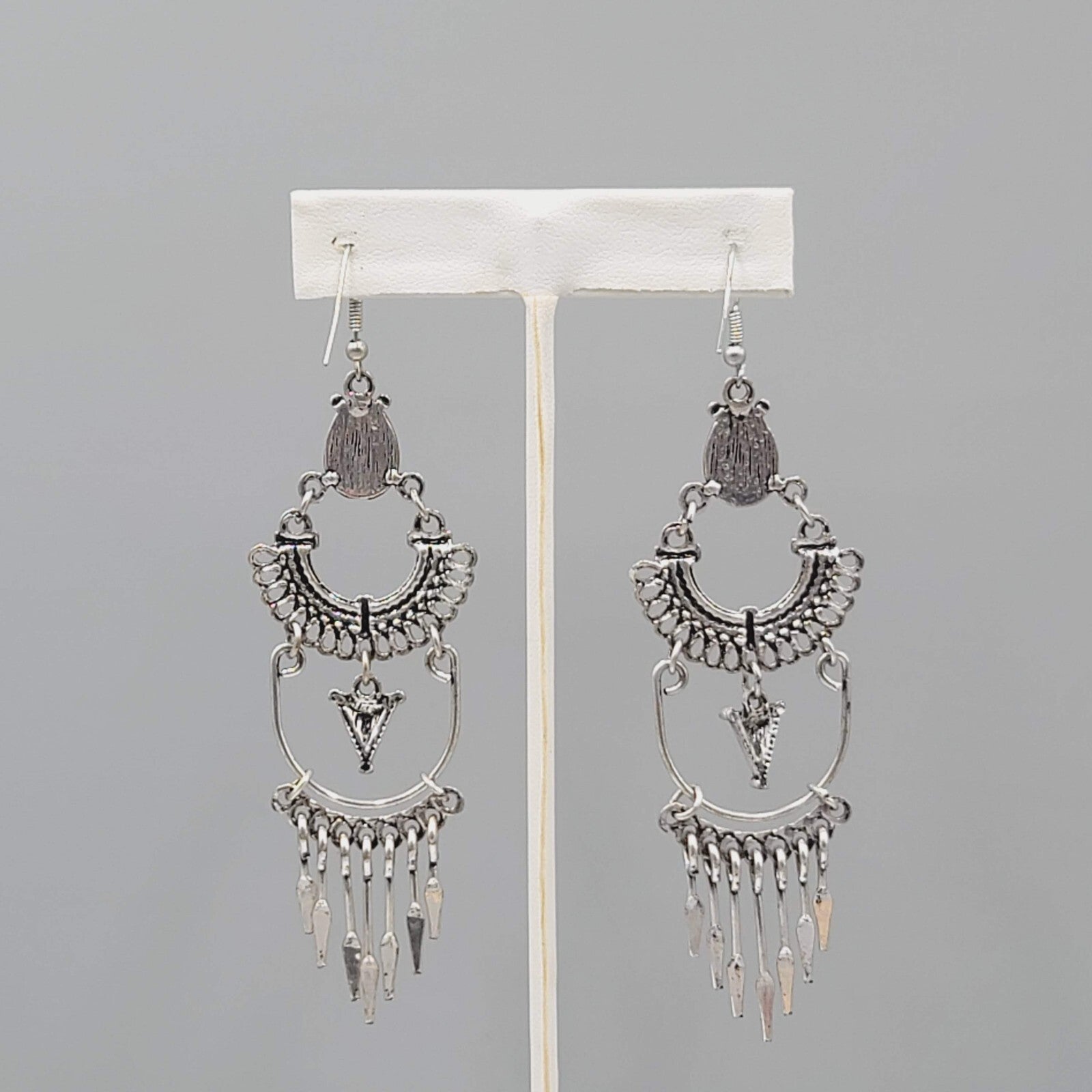 Boho Chandelier Pierced Earrings Silver tone Orange Accent 3 3/8"