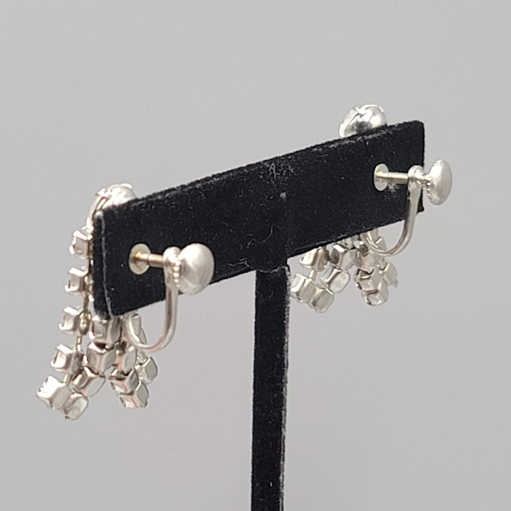 Vintage Rhinestone Clip on Earrings Silver tone Wrapped Dangle Screw Back 1 1/8"