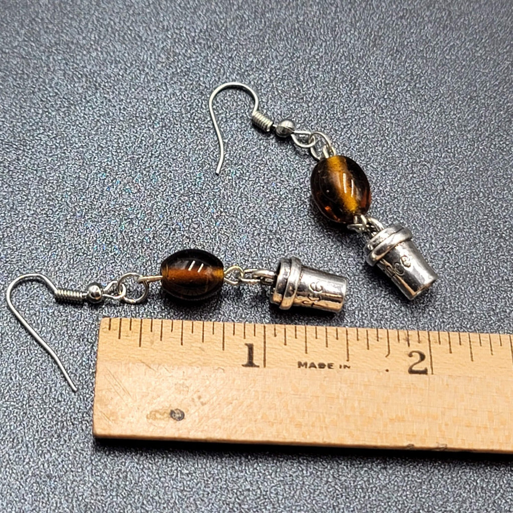 Coffee Pierced Earrings Silver tone Brown Glass Bead Dangle 1.25"