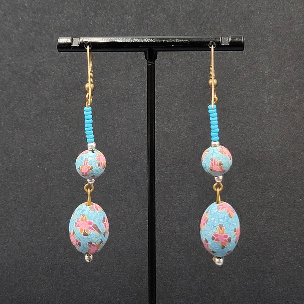 Vintage Pierced Earrings Gold tone Blue Flower Bead Long Dangle 2.25"