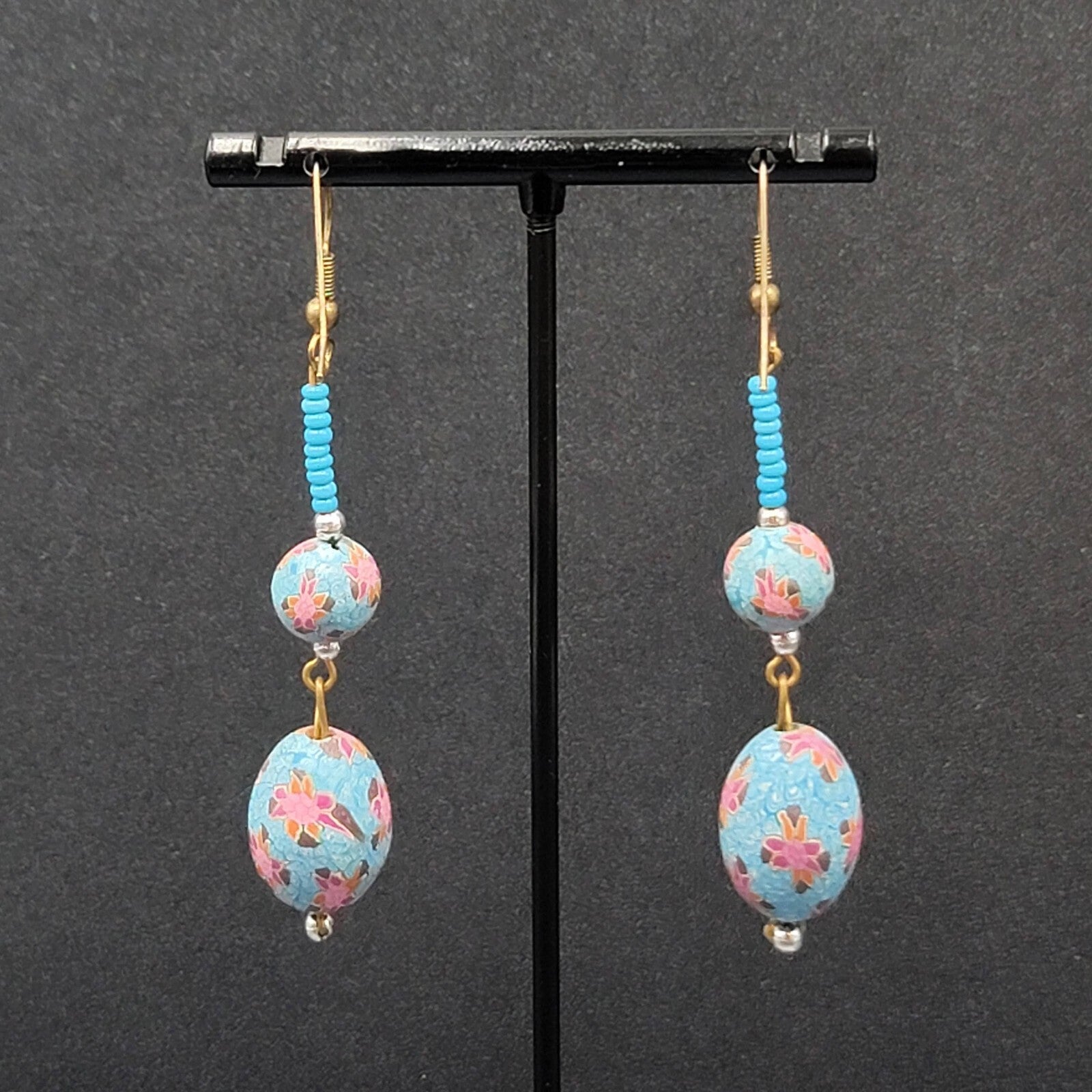 Vintage Pierced Earrings Gold tone Blue Flower Bead Long Dangle 2.25"