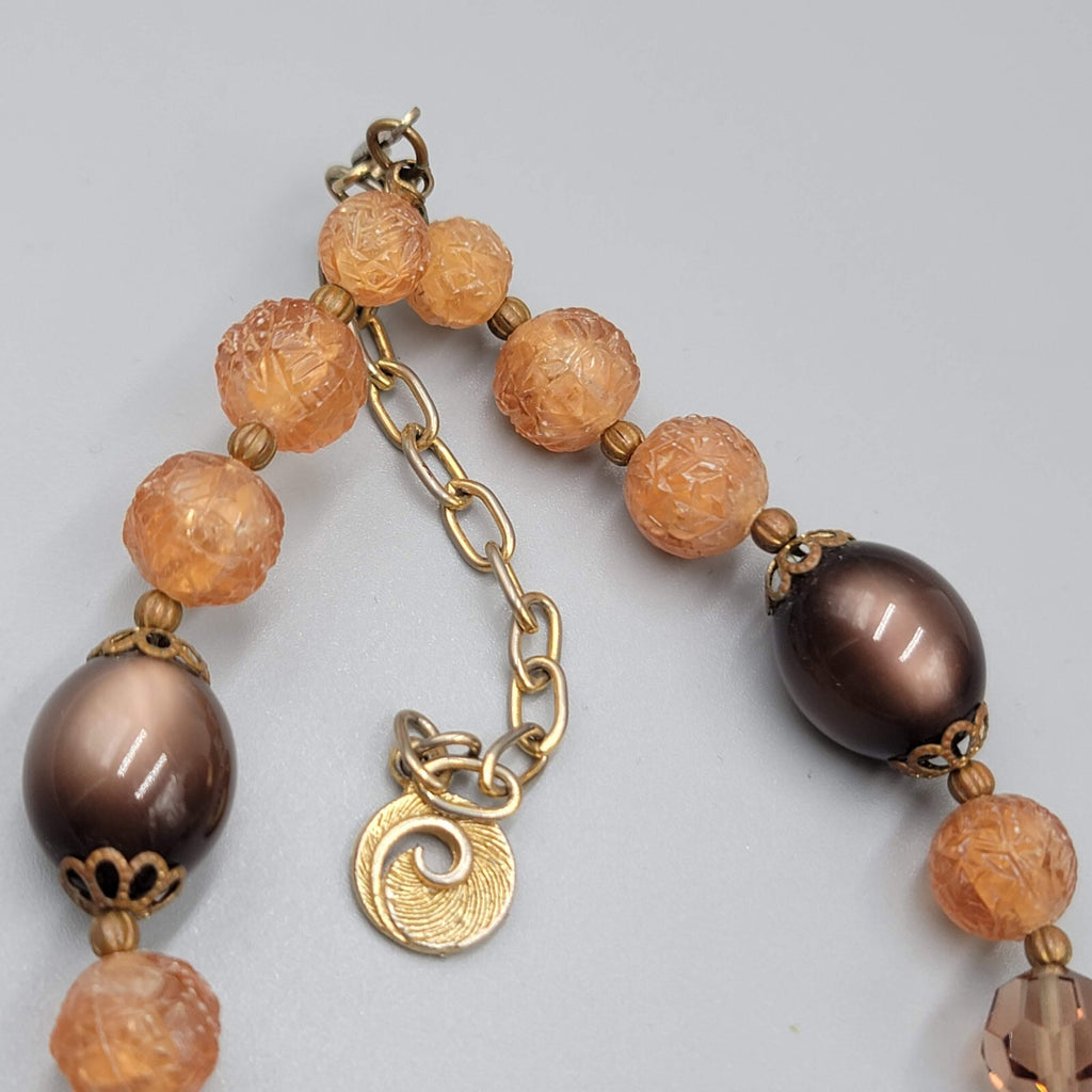 Vintage Lisner Necklace Brown Moon Glow Molded Beads Estate Jewelry 13"-16"