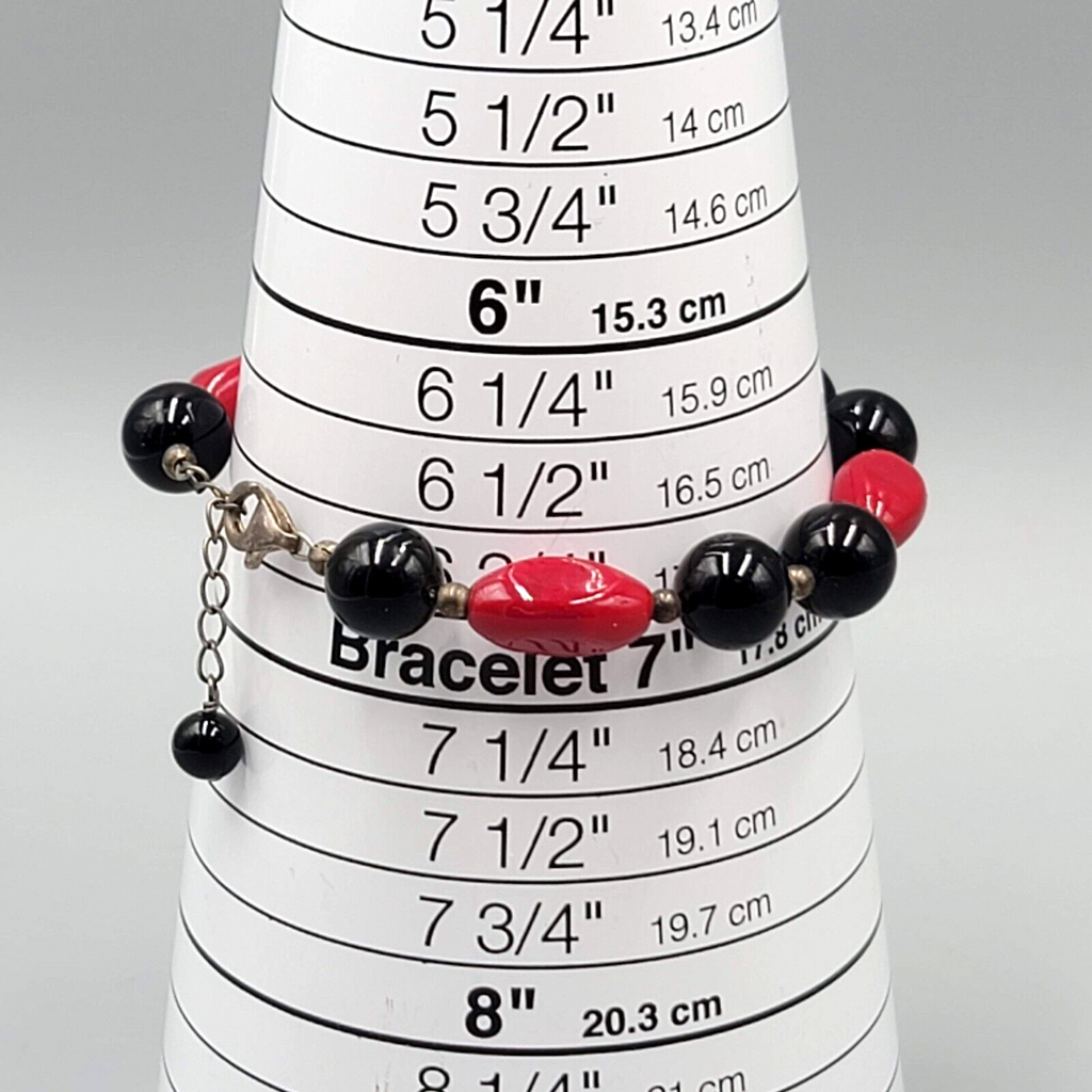 Black and Red Glass Bead Bracelet Sterling Silver 6.5" - 7.5"