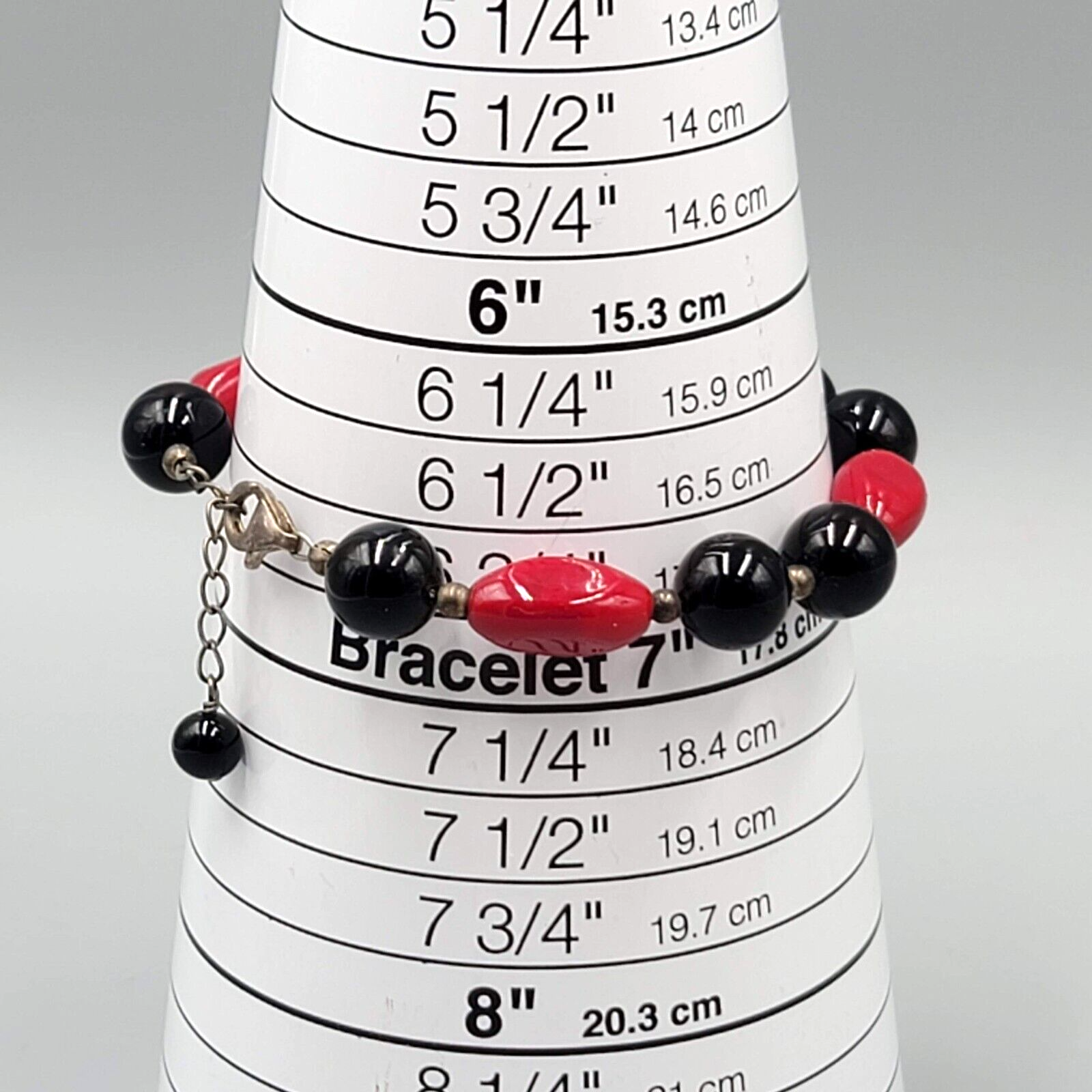 Black and Red Glass Bead Bracelet Sterling Silver 6.5" - 7.5"