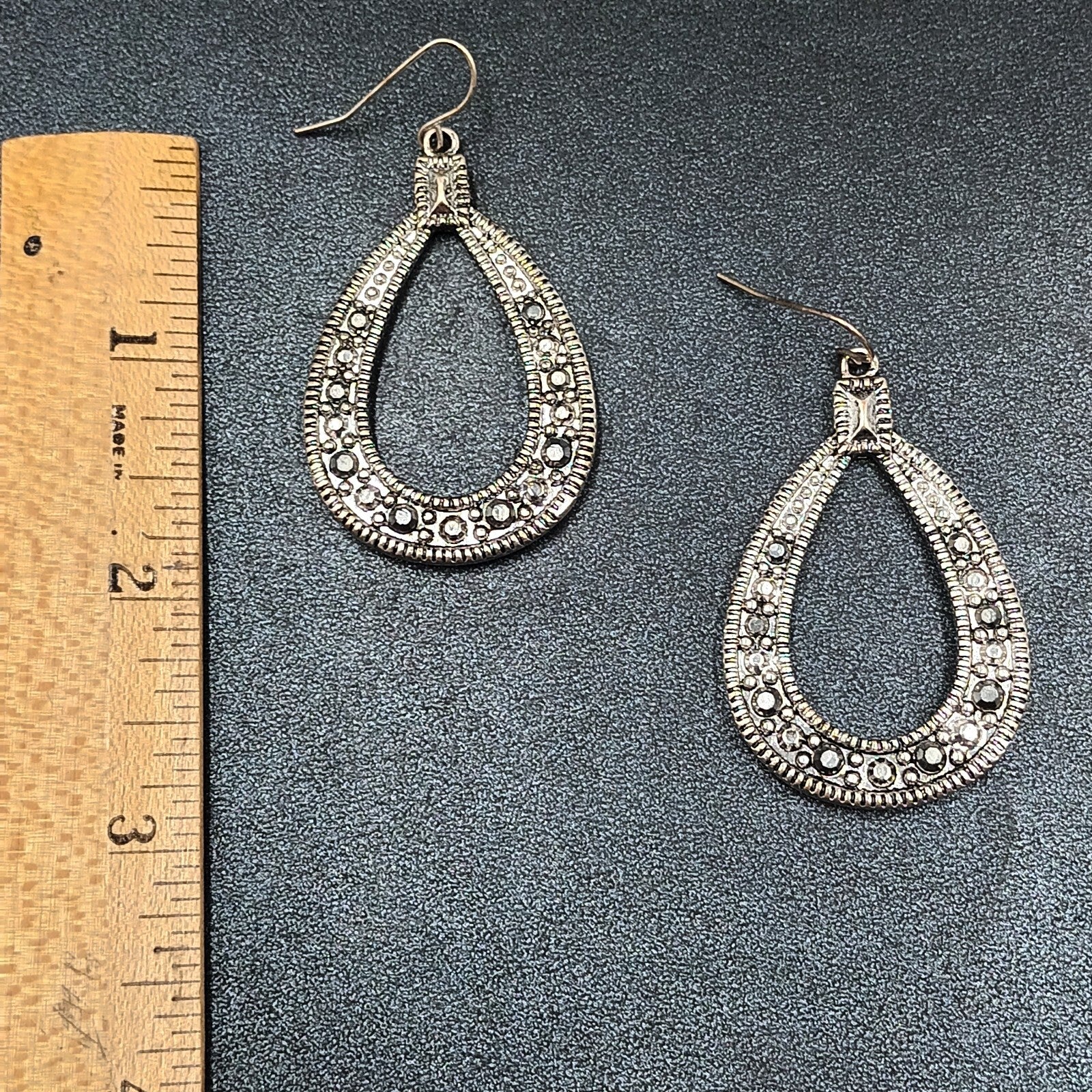 Pierced Earrings Textured Silver tone Open Teardrop Statement Dangle 1 7/8"