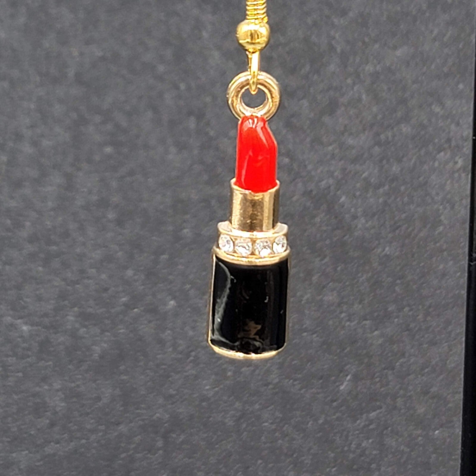 Lipstick Pierced Earrings 3D Gold tone Red Black Enamel Crystal Dangle 1"