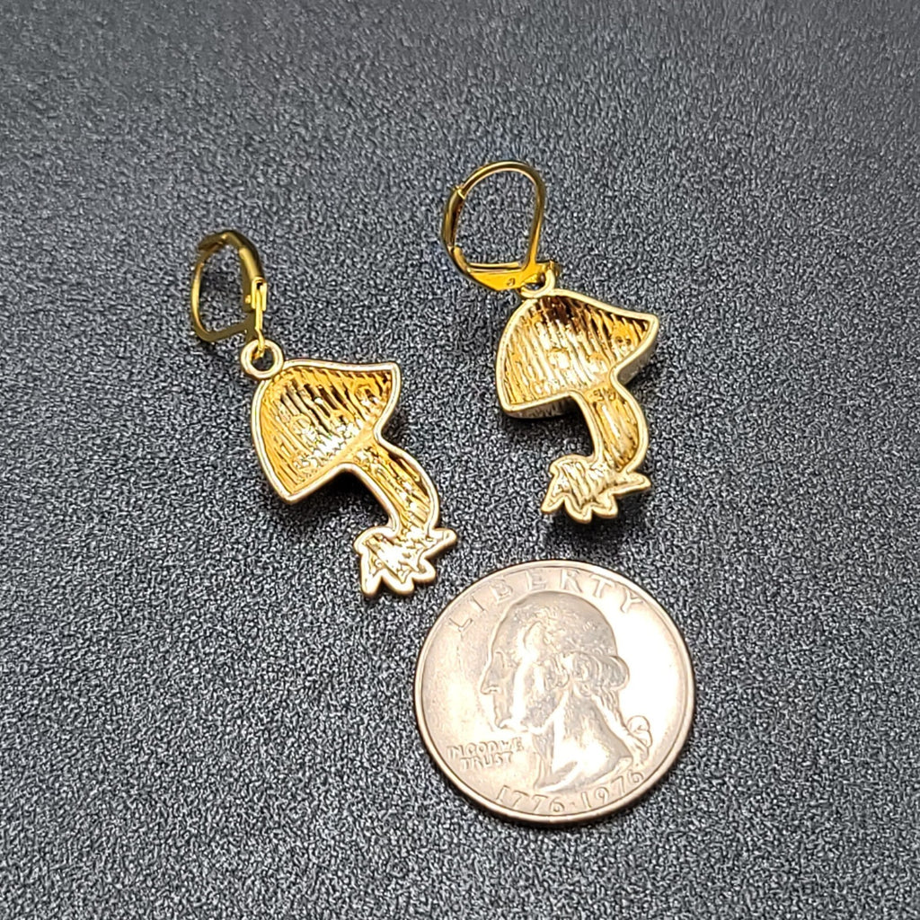 Mushroom Pierced Earrings Gold tone Enamel Red White Polka Dot Dangle 1"