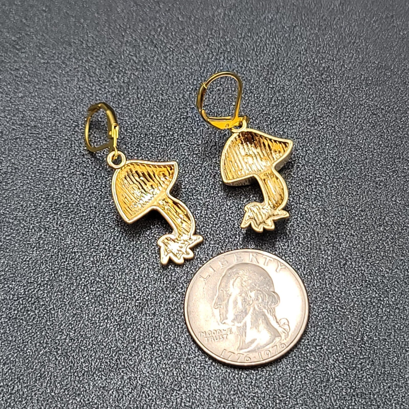 Mushroom Pierced Earrings Gold tone Enamel Red White Polka Dot Dangle 1"