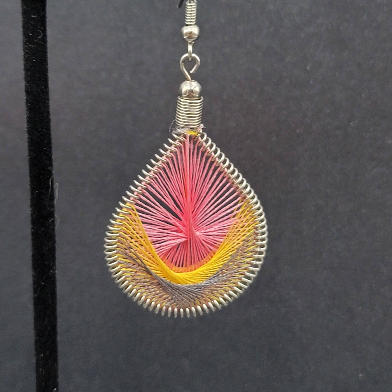 Pierced Earrings Silver tone String Art Yellow Pink Purple Teardrop 2"