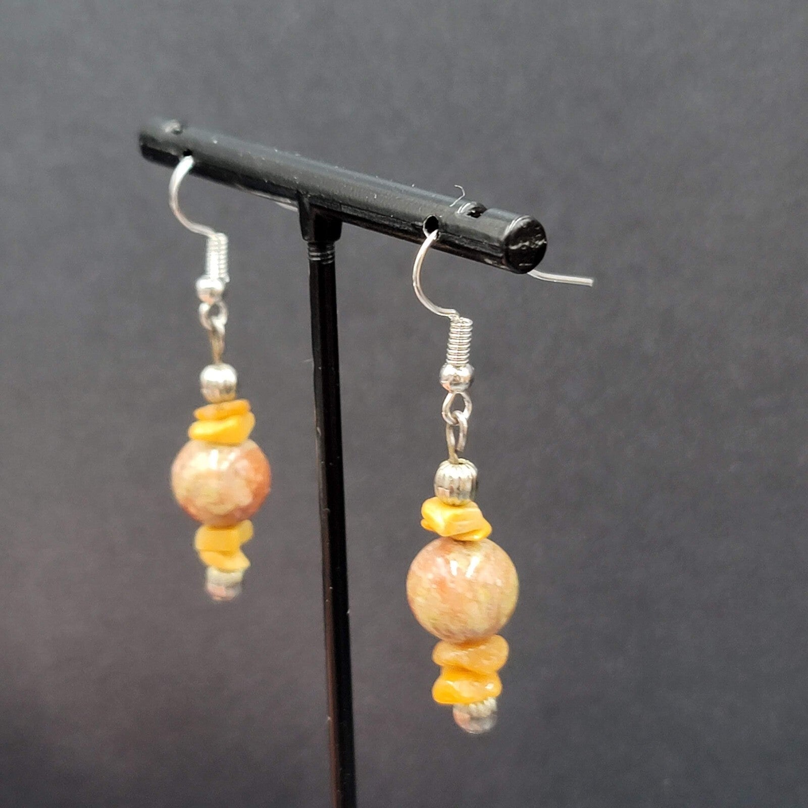 Pierced Earrings Silver tone Jasper Stone Beaded Dangle 1.25"