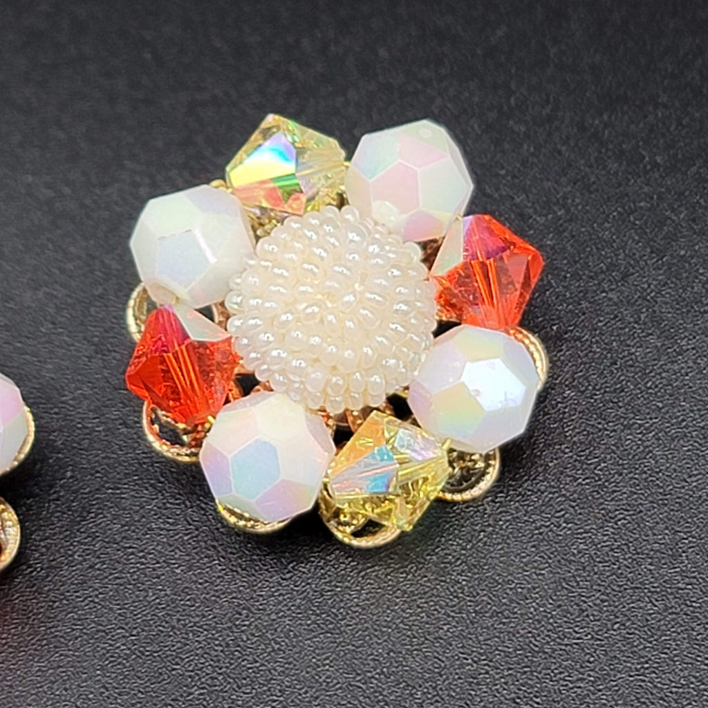 Vintage Clip on Earrings Red White Bead Gold tone 1 1/8"