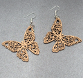 Butterfly Pierced Earrings Wood Cut Open Work Dangle 1 5/8"