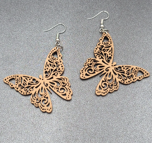 Butterfly Pierced Earrings Wood Cut Open Work Dangle 1 5/8"