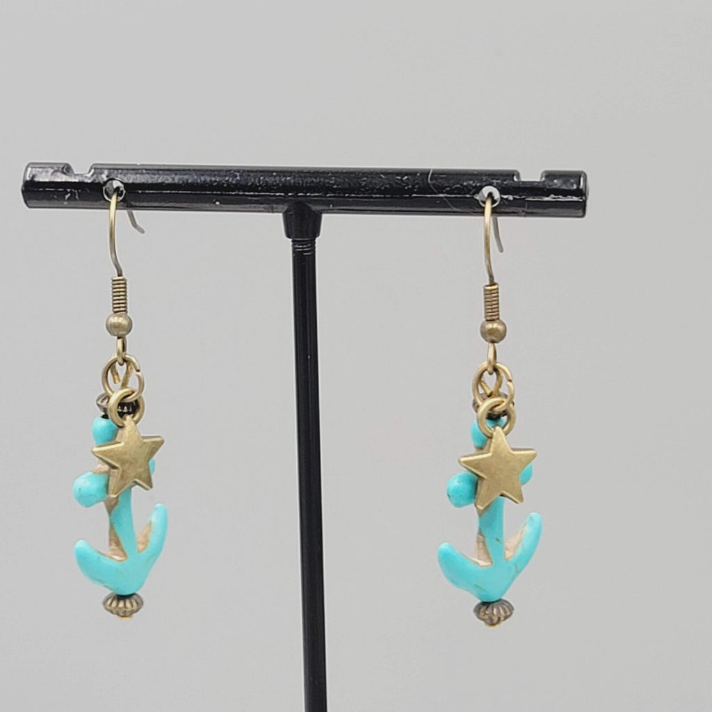 New Blue Howlite Stone Anchor Pierced Earrings Bronze tone Dangle Nautical 1.25"