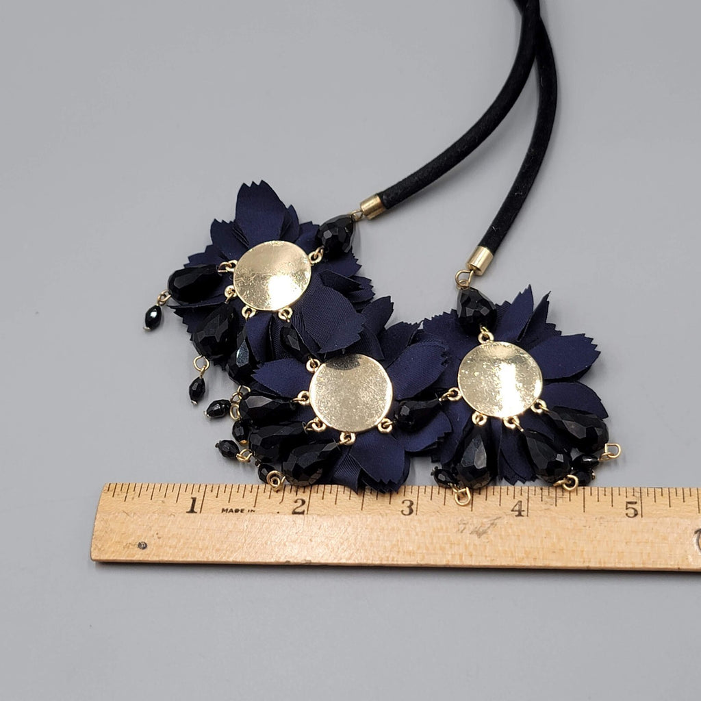 Dark Blue Fabric Flower Statement Necklace Black Cord Gold tone 18"