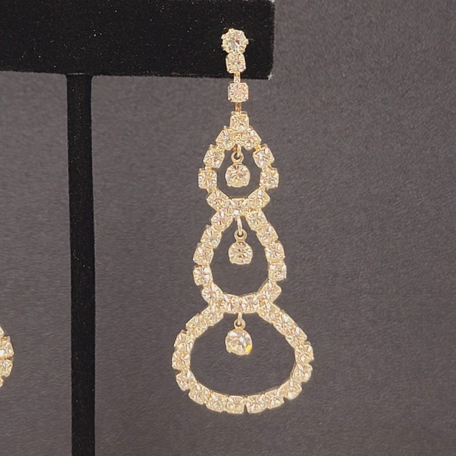 Long Rhinestone Pierced Earrings Silver tone Dangle Open Circles 2.75"