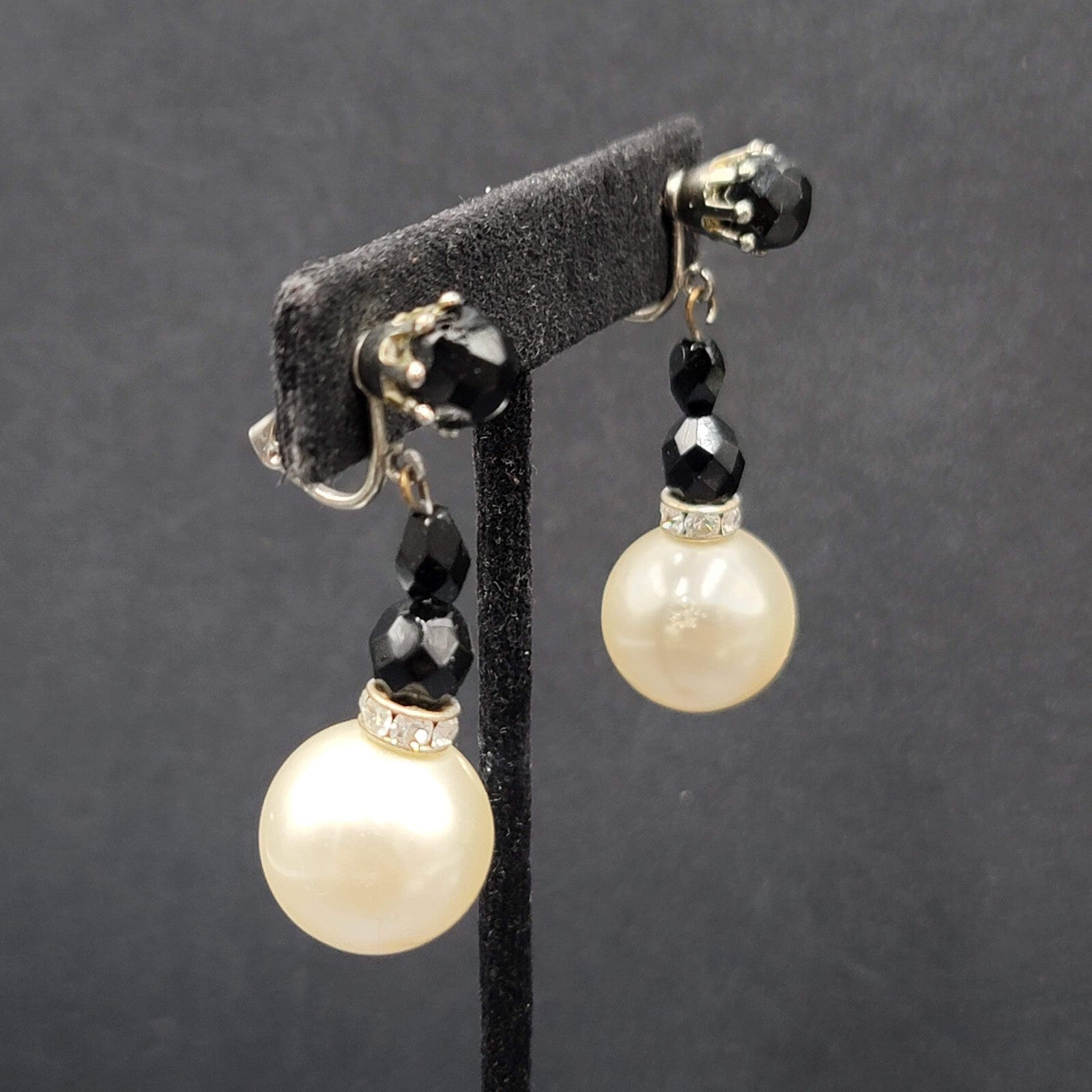 Vintage Clip on Earrings Black White Dangle Beads 1.5"