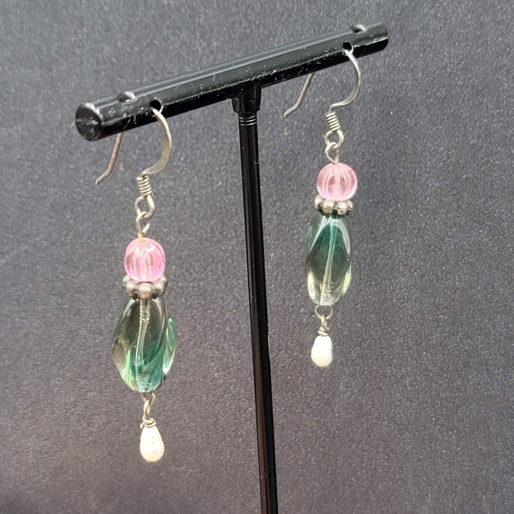 Art Glass Pearl Pierced Earrings Sterling Silver Beaded Dangle 1.25"