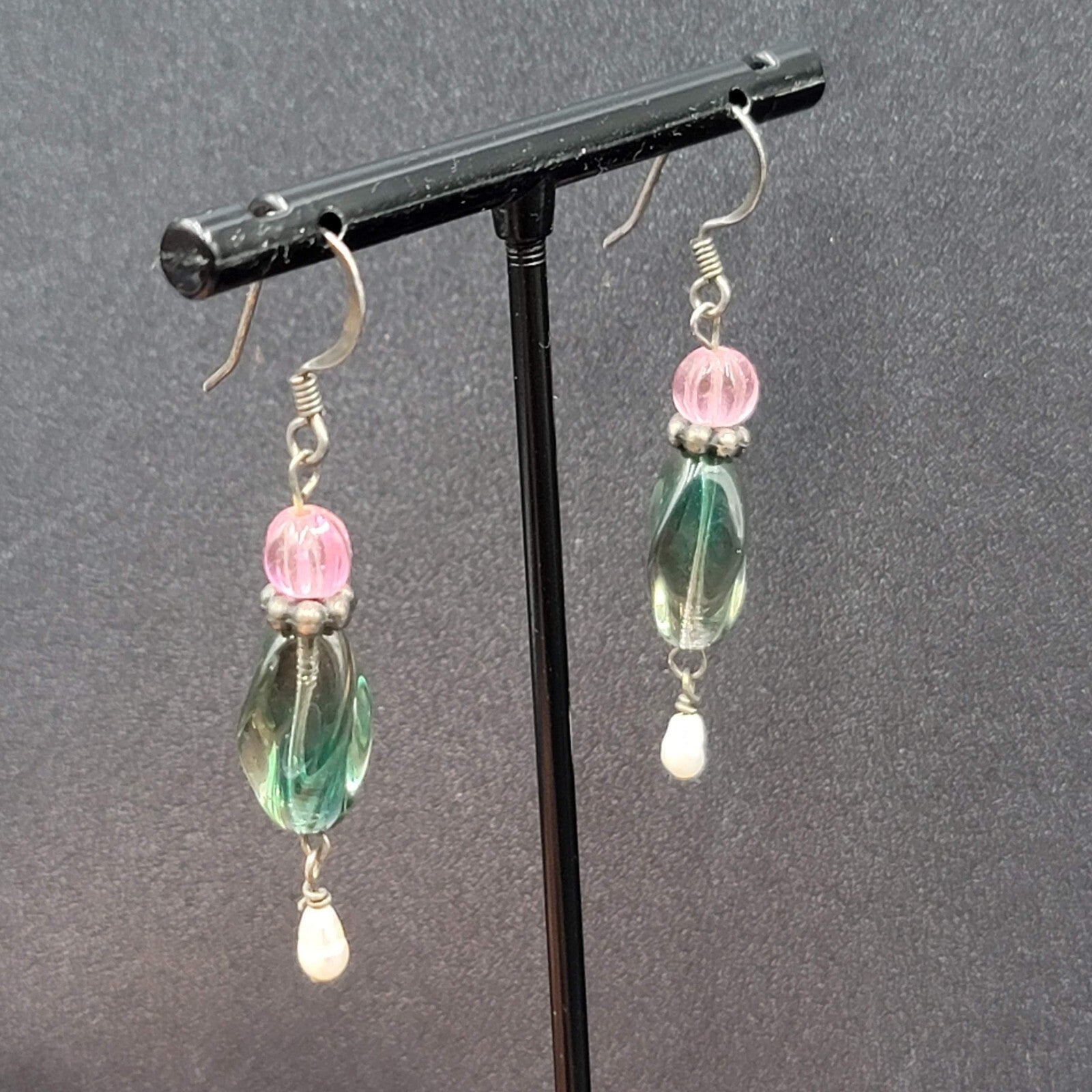 Art Glass Pearl Pierced Earrings Sterling Silver Beaded Dangle 1.25"
