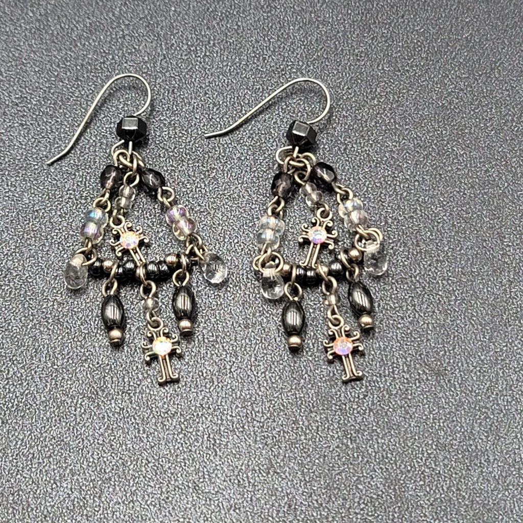 Pierced Earrings Silver tone Black Hematite AB Cross Chandelier Beads 1.75"