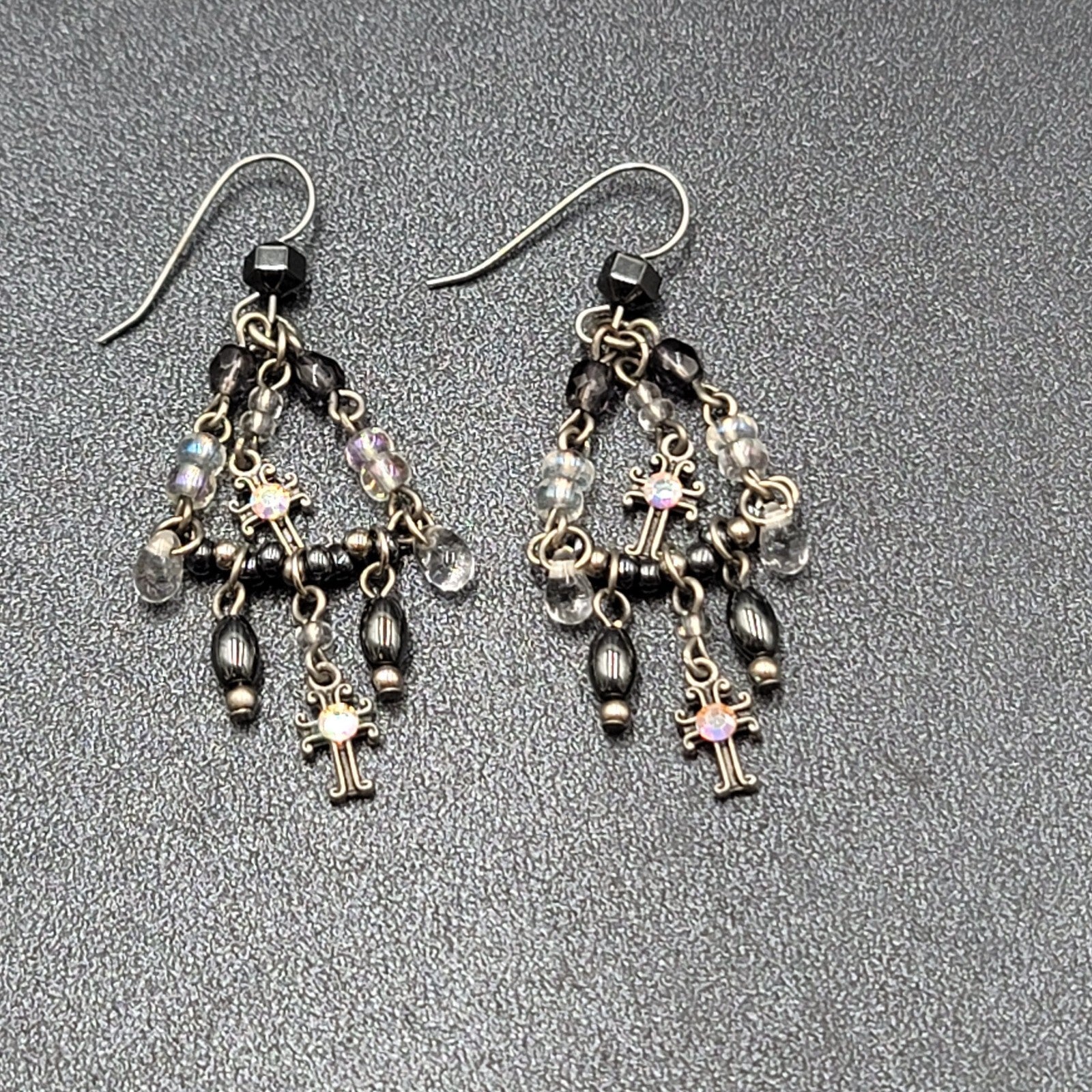 Pierced Earrings Silver tone Black Hematite AB Cross Chandelier Beads 1.75"
