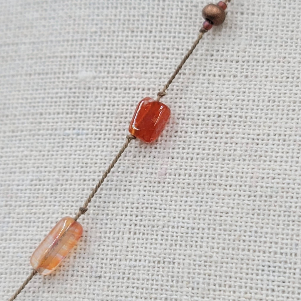 Dainty Orange Stone Necklace Hand Knotted Cord Station Copper tone Metal 17"