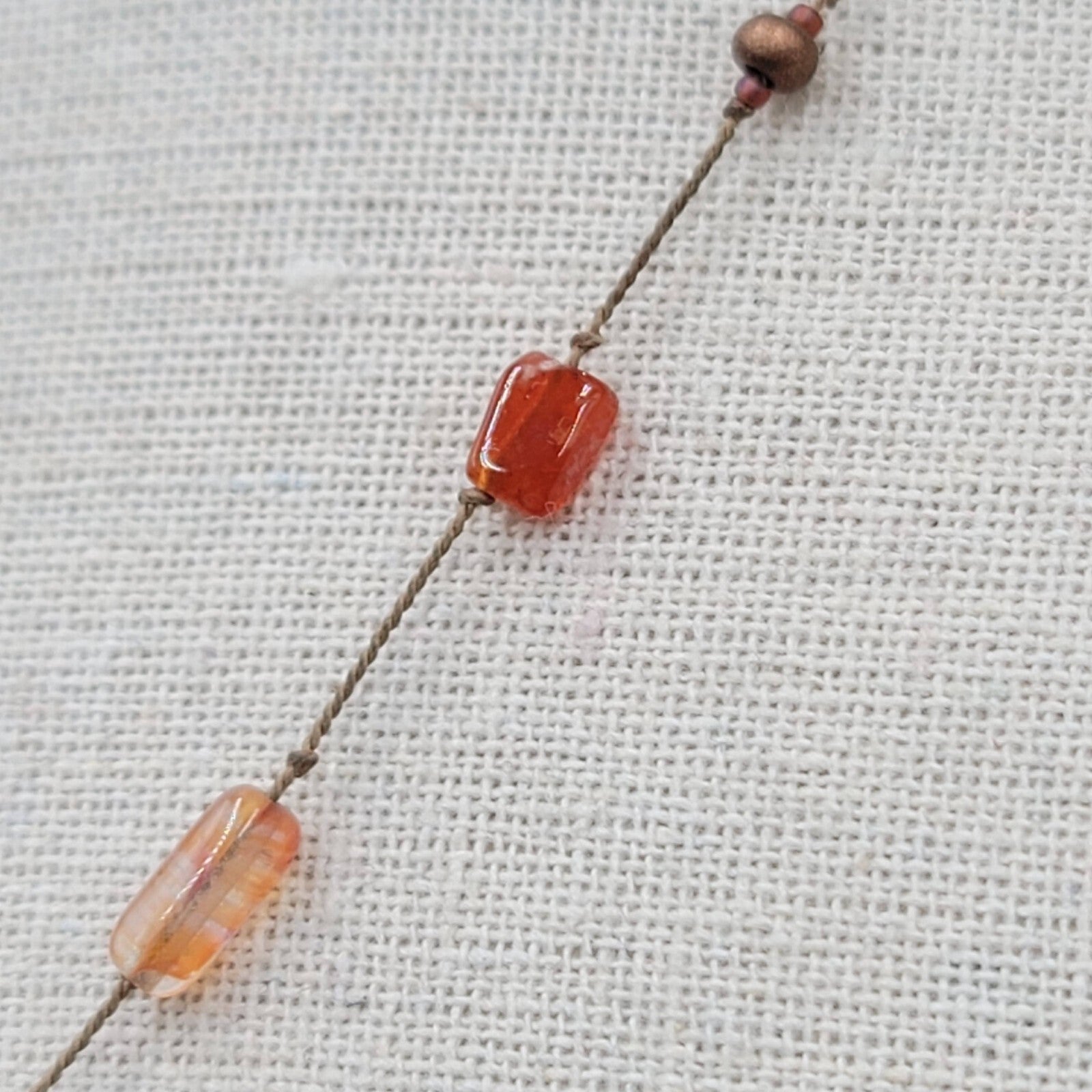 Dainty Orange Stone Necklace Hand Knotted Cord Station Copper tone Metal 17"
