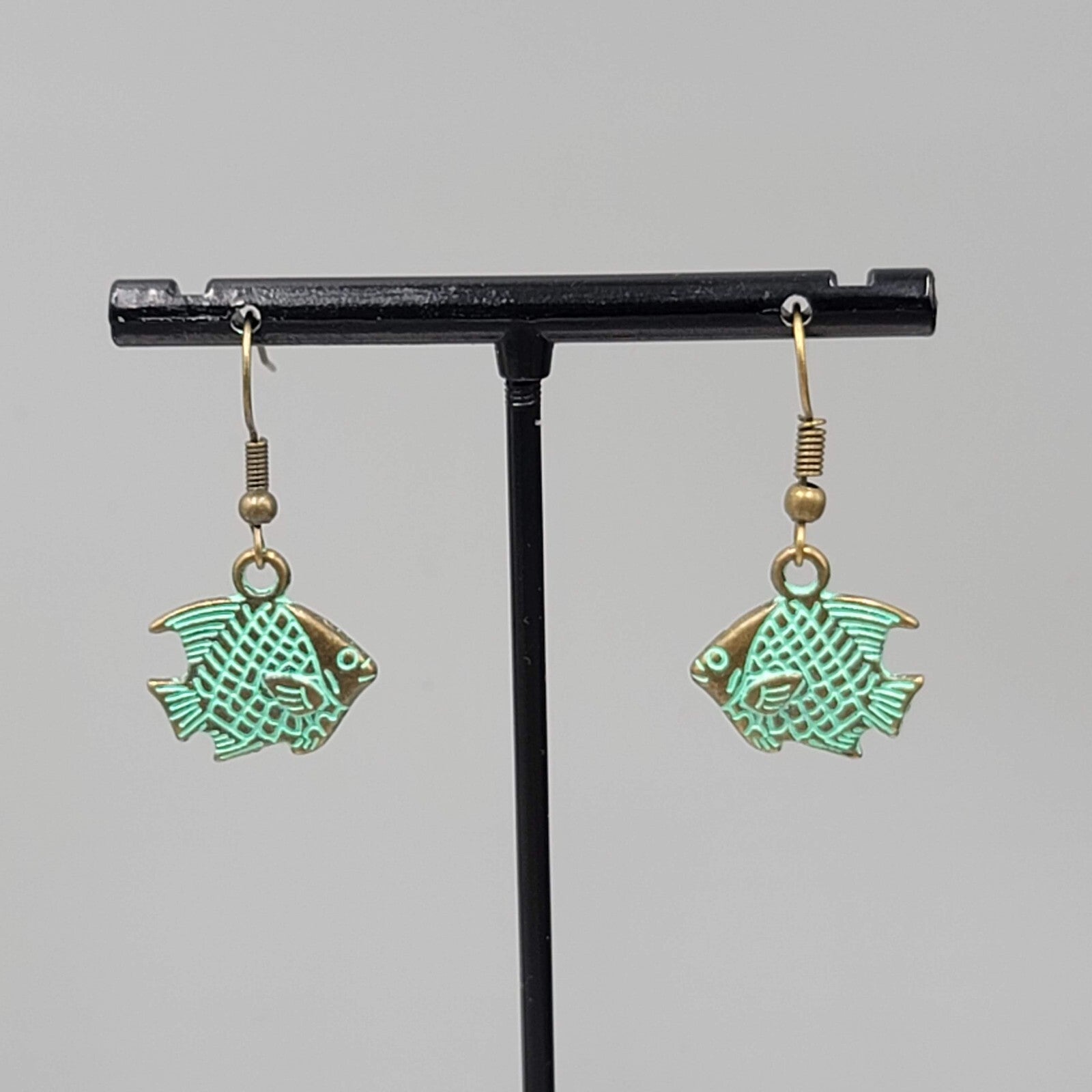 Fish Beach Sea life Pierced Earrings Bronze tone Green wash Dangle 5/8"