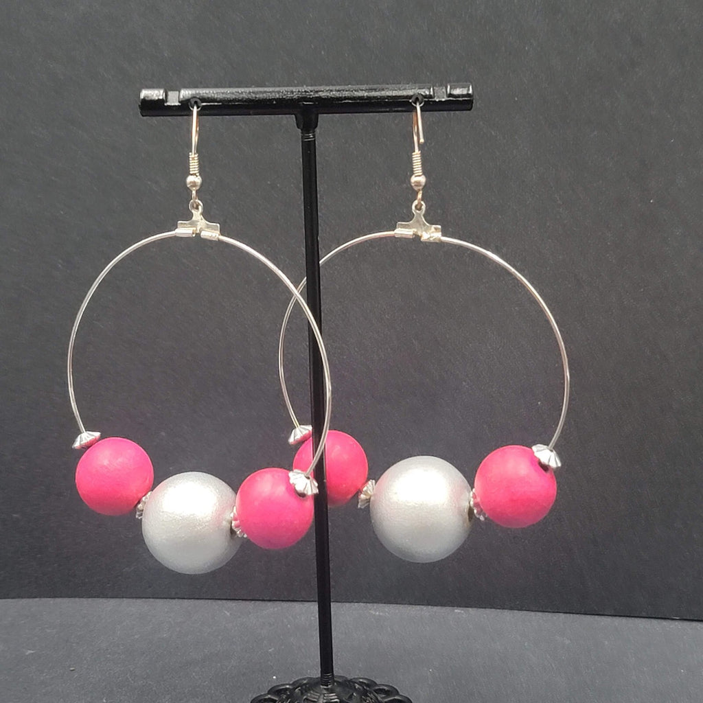 Pierced Earrings Large Silver tone Pink Silver tone Beaded Statement Hoops 2.5"