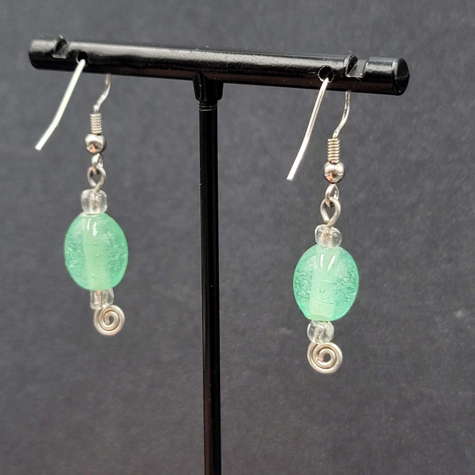 Pierced Earrings Silver tone Green Glass Beads Dangle 1"