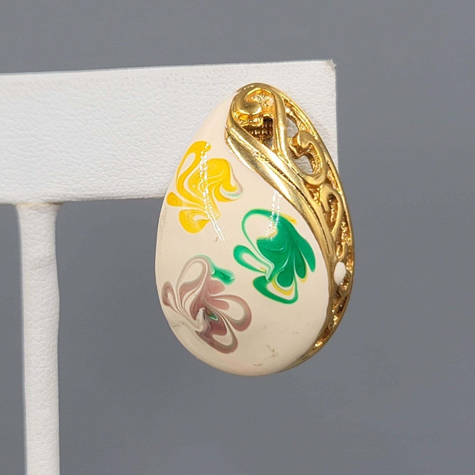 Vintage Enamel Clip on Earrings Gold Plated Yellow Purple Green Swirls 1 1/8"