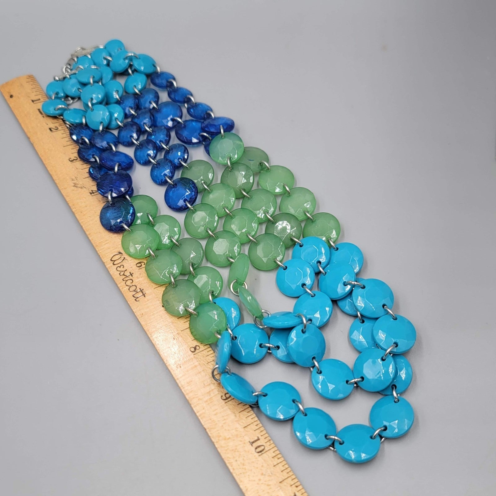 Large Triple Strand Blue Green Bead Necklace Statement 18"