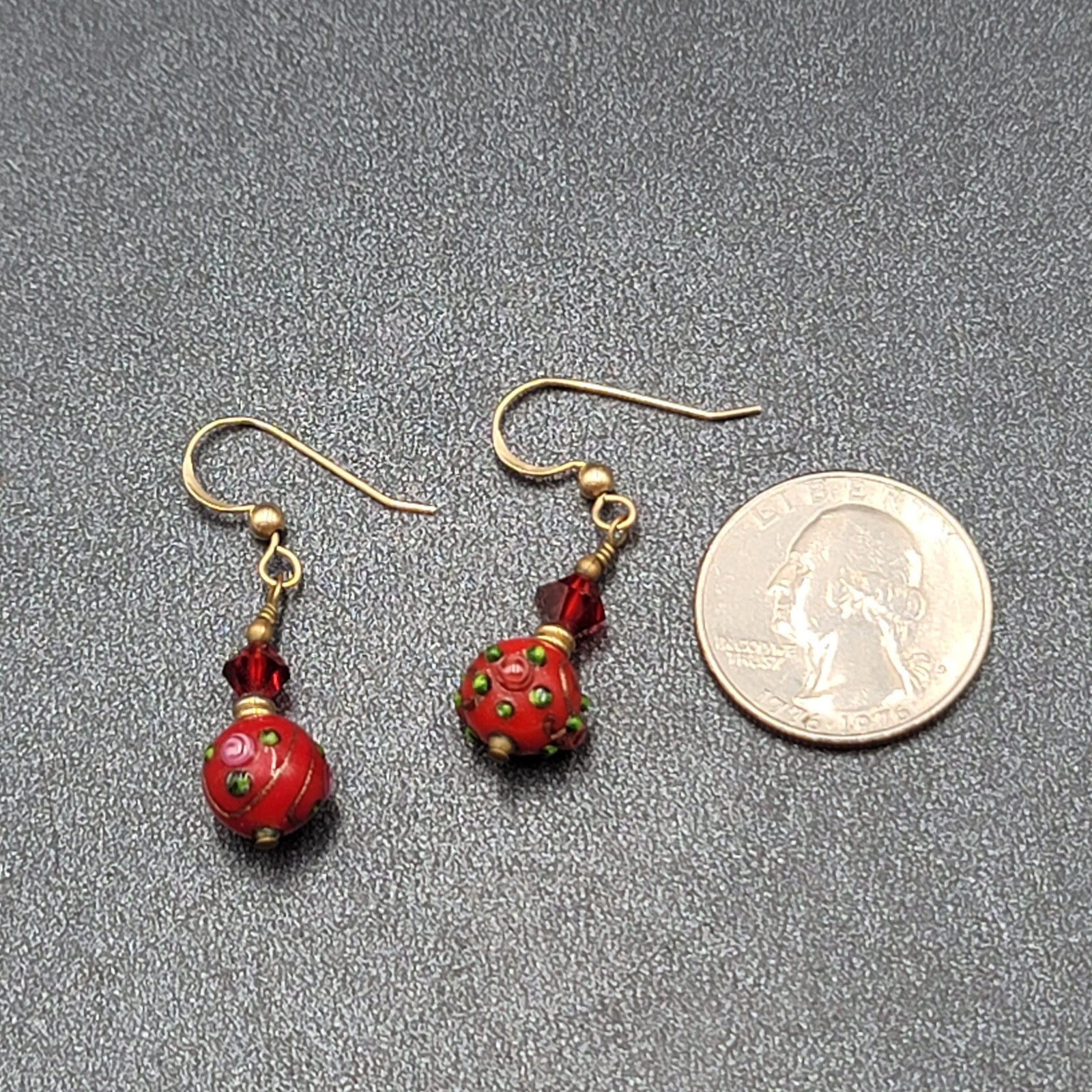 Gold Filled Pierced Earrings Red Glass Wedding Cake Bead Flowers 1"